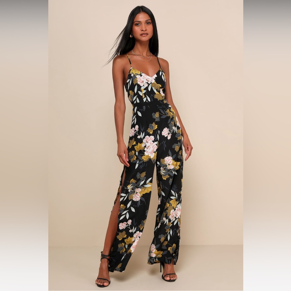 Lulus Beautiful Blooms Black Floral Print Wide Leg Jumpsuit